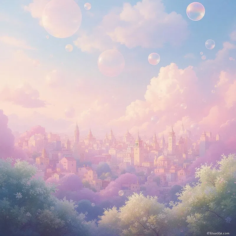 Bubbles over a pastel cityscape