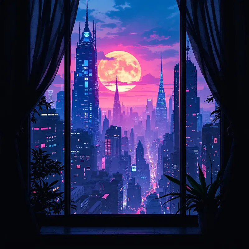 Neon-tinted cityscape through boudoir window