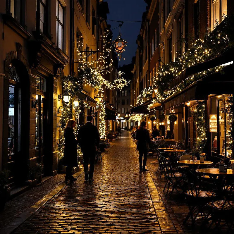 Quiet Berlin alley with illuminated cafes