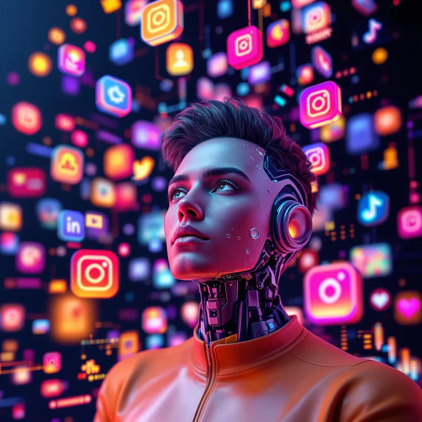 Digital influencer using AI tools and social media icons