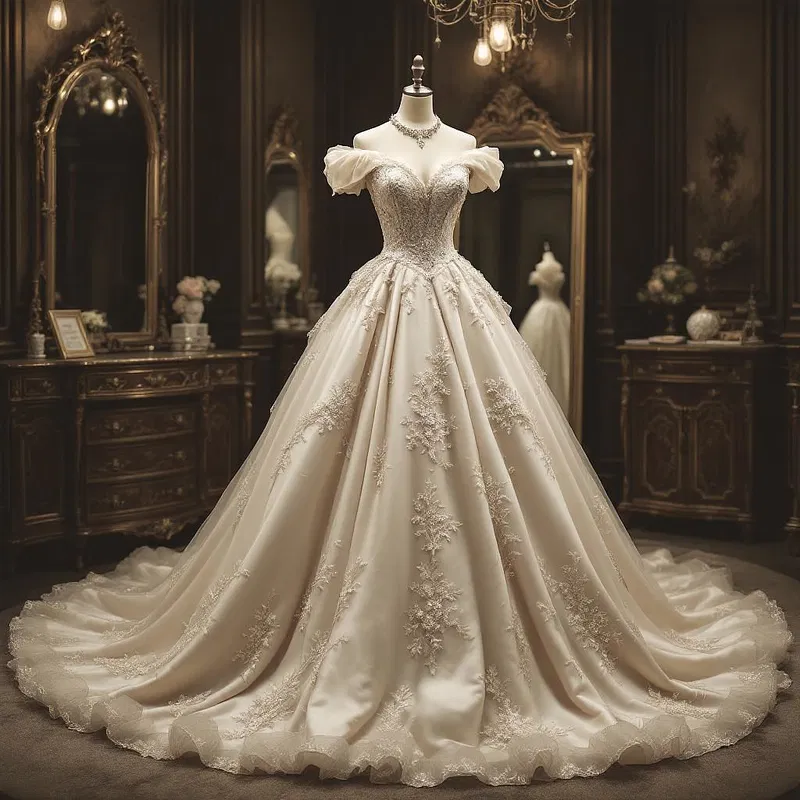 Opulent ball gown displayed in vintage room