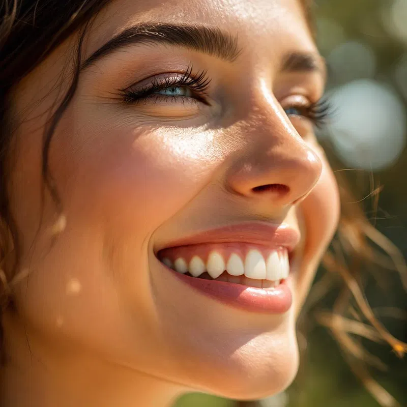 Close-up of a woman's smiling face in sunlight