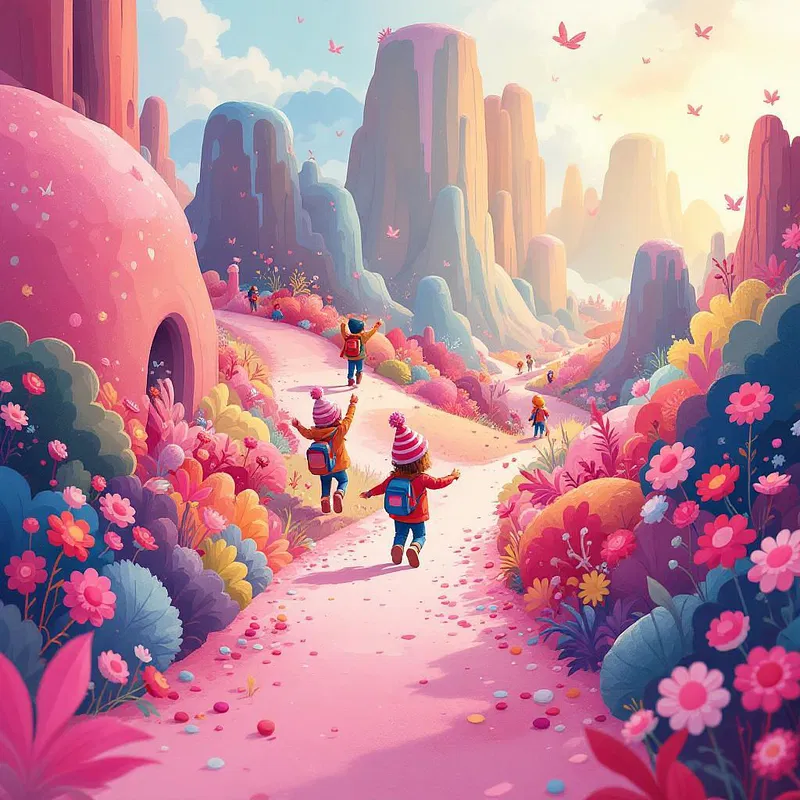 Children exploring a colorful candy land