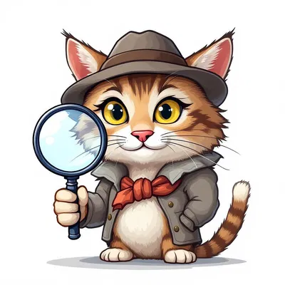 Cartoon cat detective with a magnifying glass.