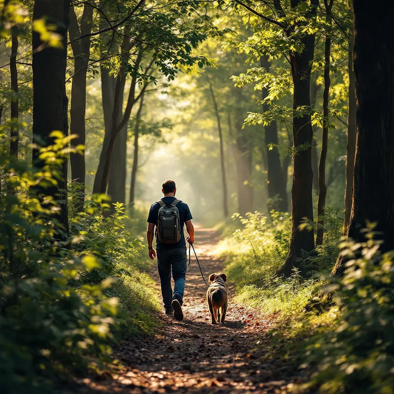 Man and dog walking on a forest trail