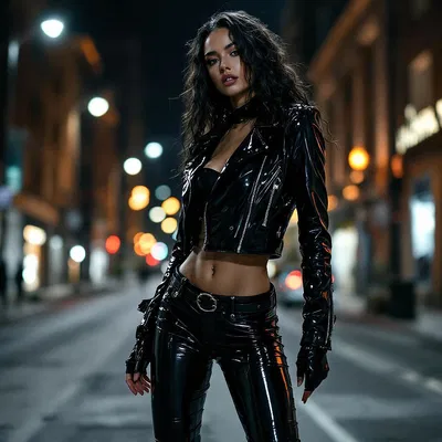 Latex biker jacket and pants outfit