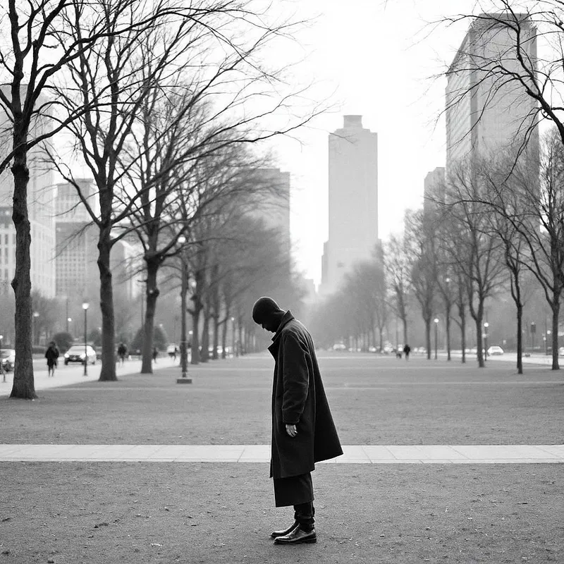 Minimalist street style shot of a solitary figure in an expansive urban park