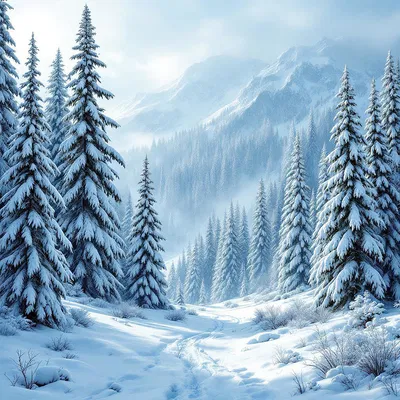 AI-generated image of a snowy alpine forest