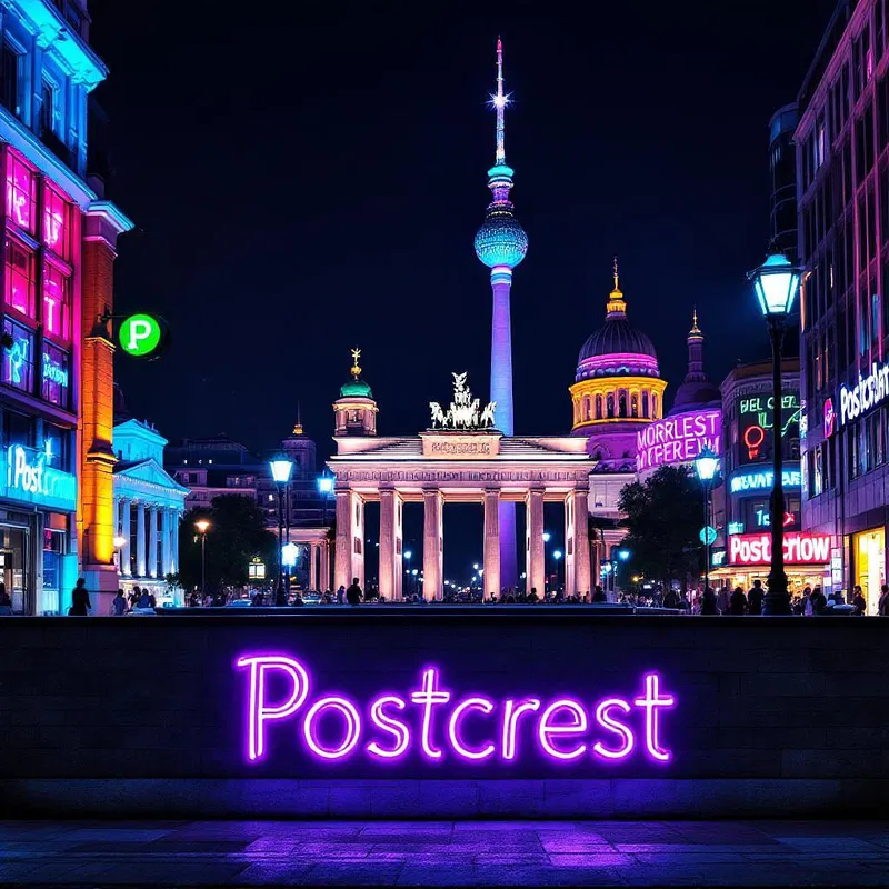 AI-generated Berlin nightlife with postcrest logo