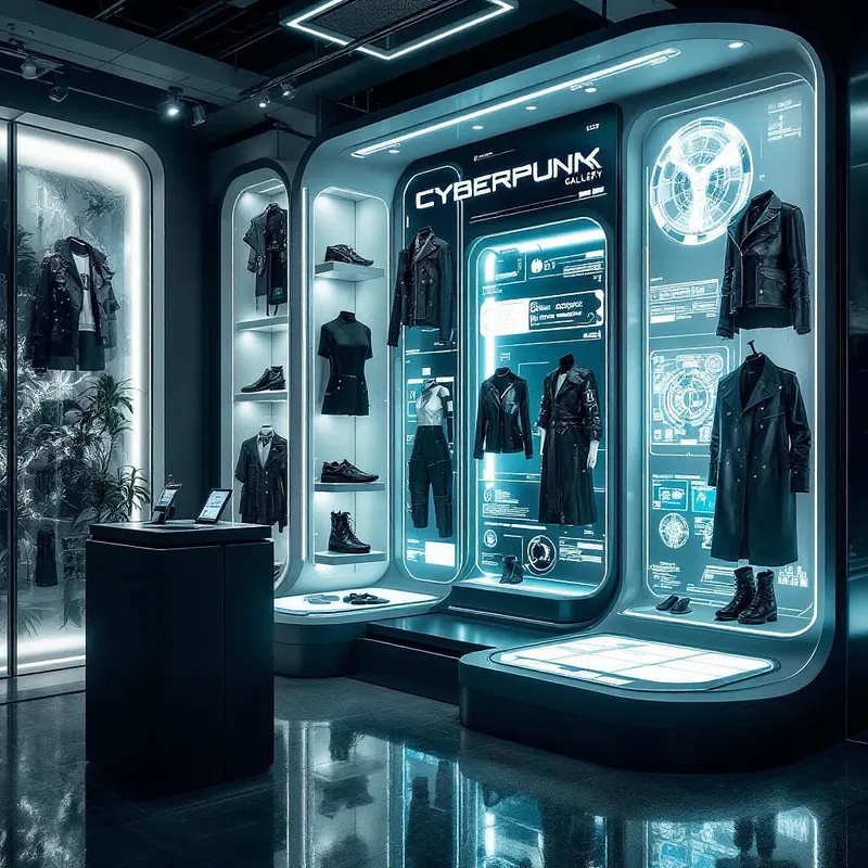 Cyberpunk fashion collection displayed in a digital gallery.