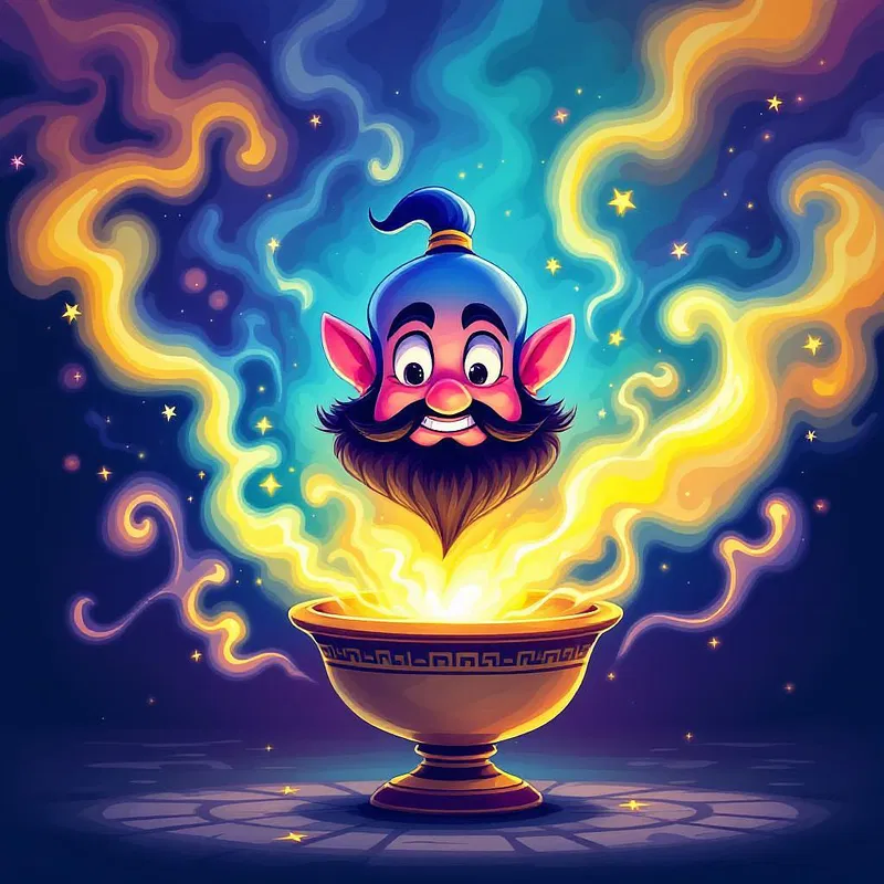 Cartoon genie emerging from a magic lamp.