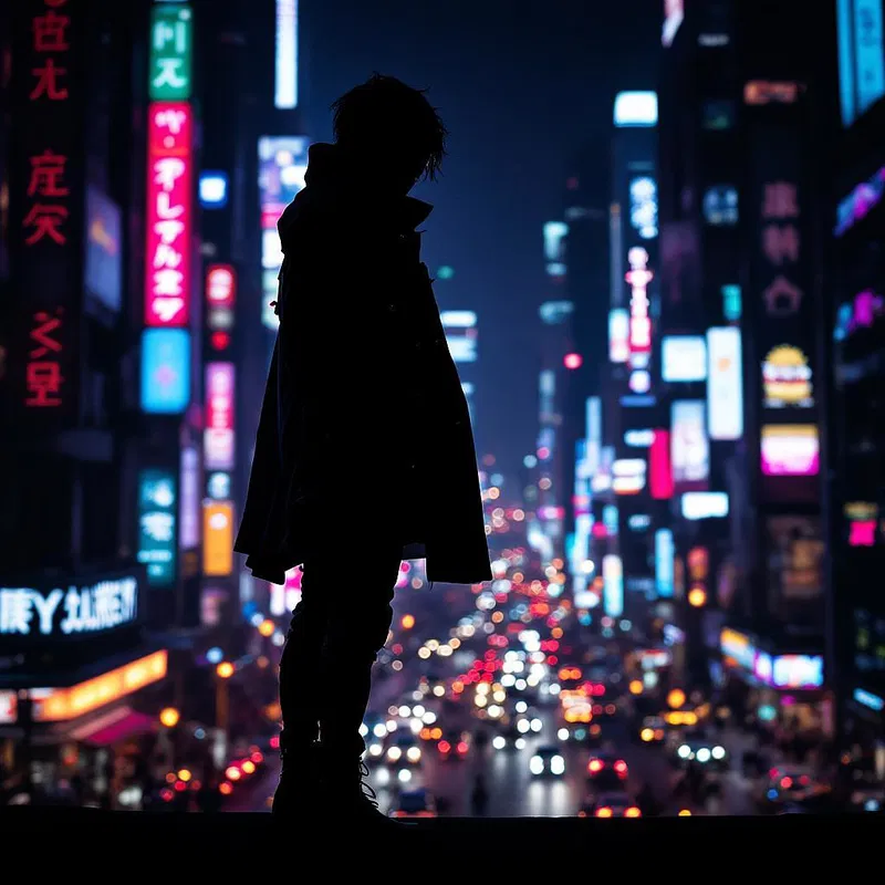 Silhouette of a cyberpunk fashionista against a city backdrop.