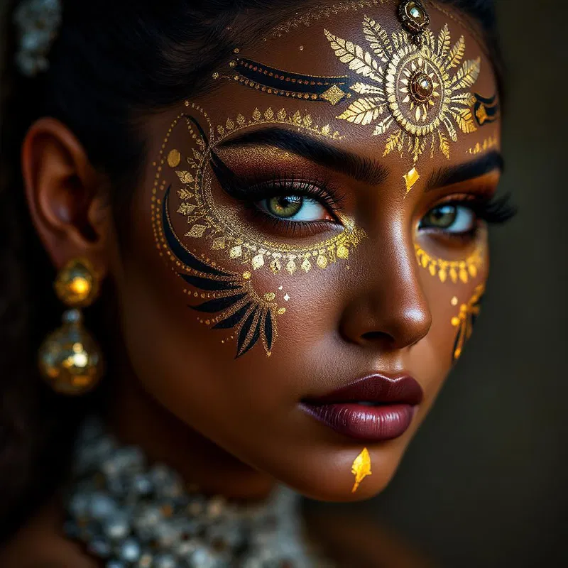 Regal tribal face art with gold accents