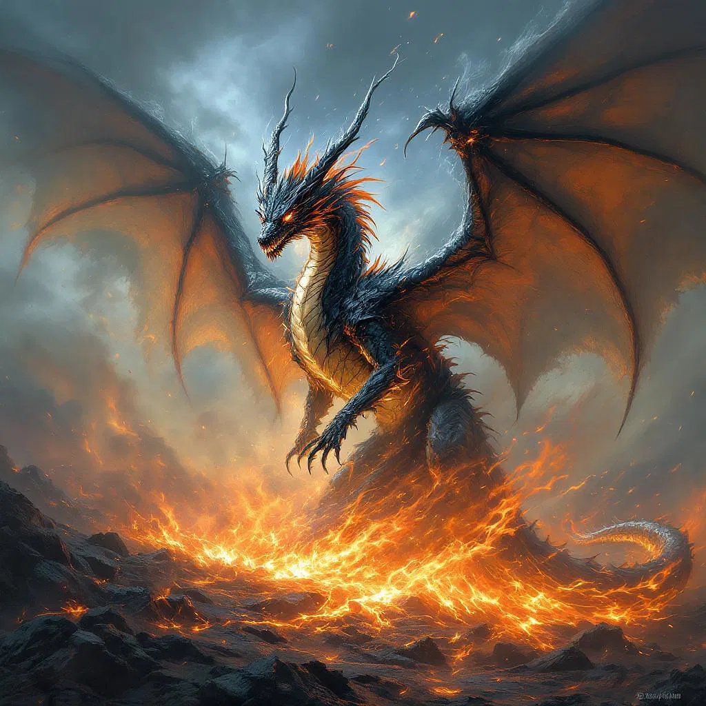 A dragon emerging from mystical flames.