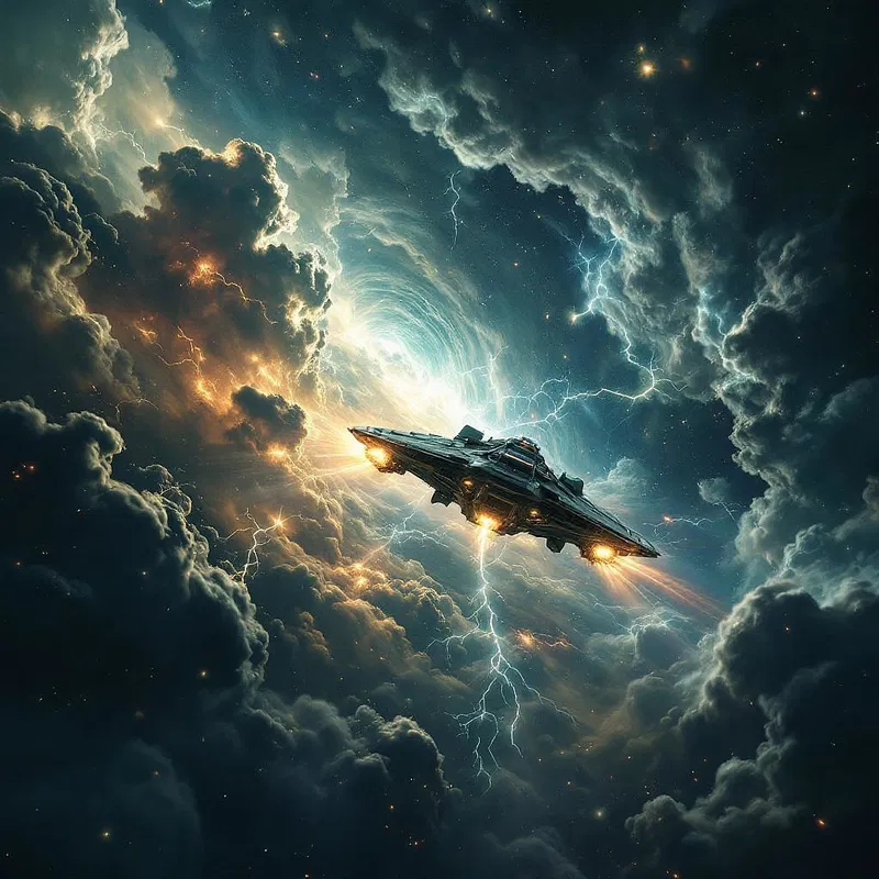 Spaceship surrounded by cosmic storms