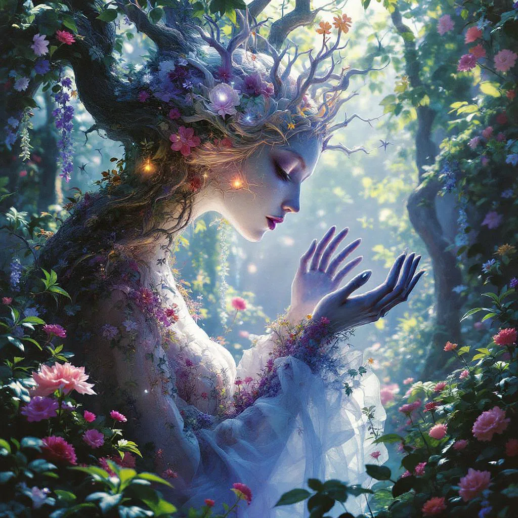 Surreal figure in a dreamlike garden