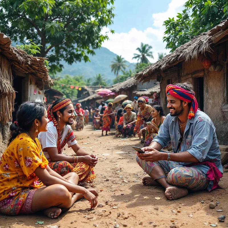 Digital nomad interacting with locals in a rural village