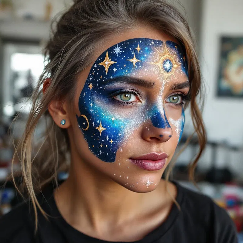 Celestial themed tribal face art with star motifs