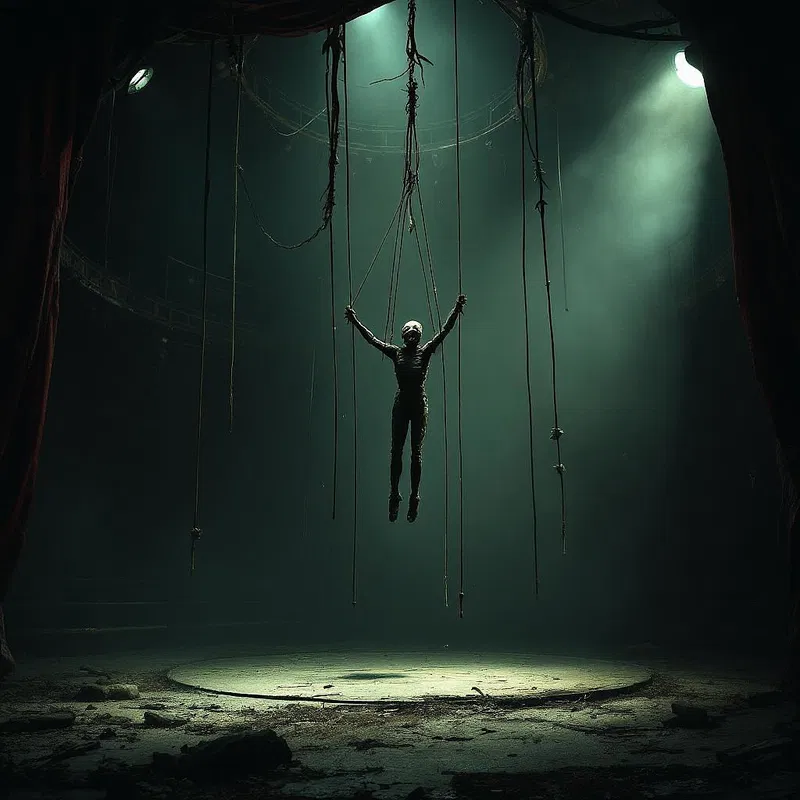 a twisted marionette in a derelict theater