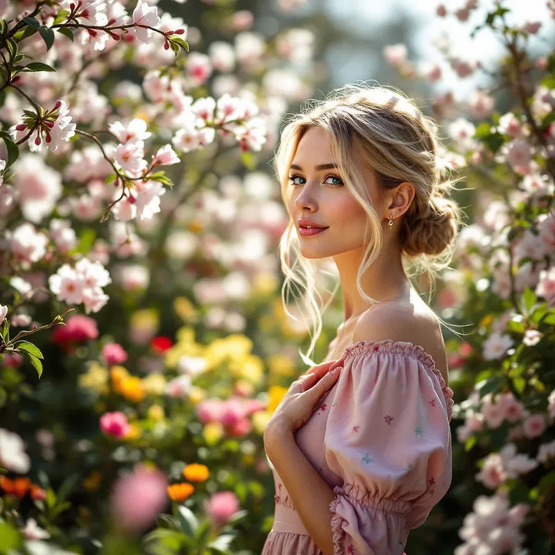 Scandinavian woman standing amidst a blooming spring garden