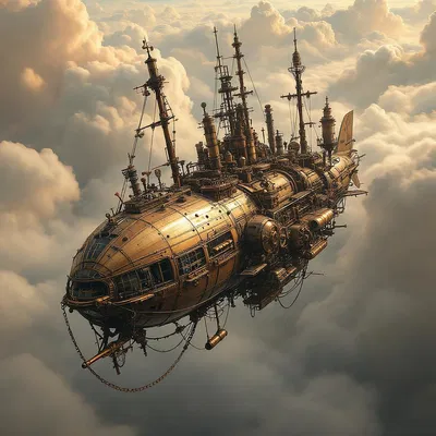 Steampunk airship in the sky