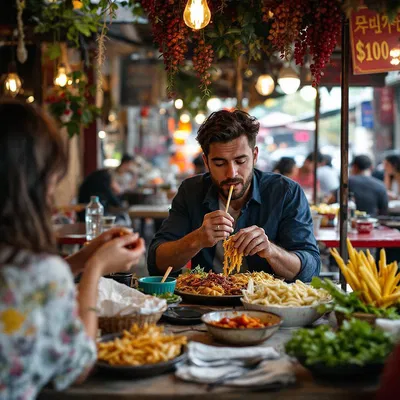 Digital nomad enjoying a meal at a street food stall