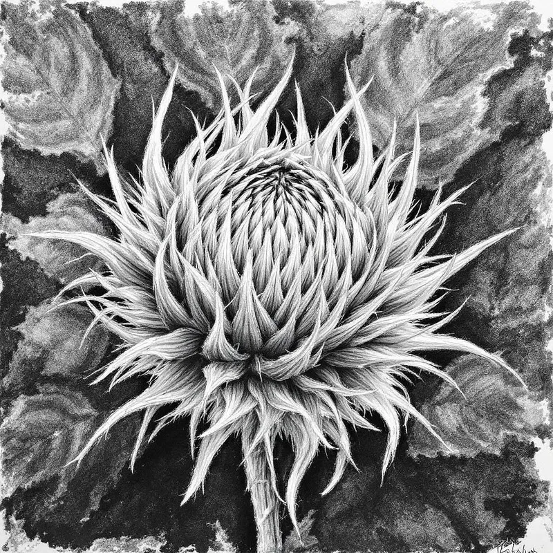 Charcoal botanical drawing of a wild thistle