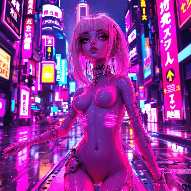 Cyberpunk pink doll in neon city