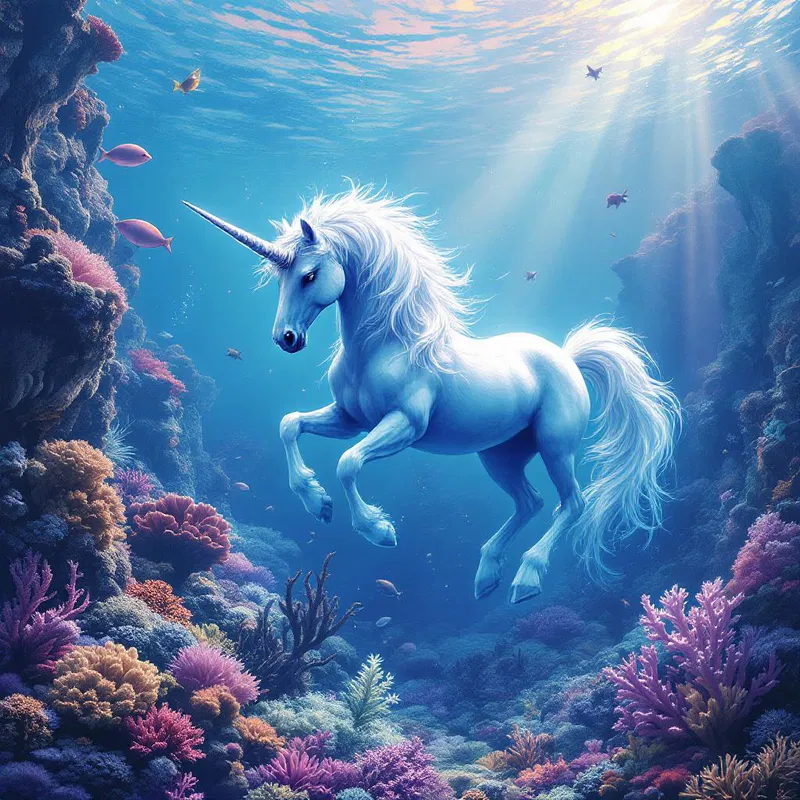 An underwater fantasy scene with a unicorn-shaped coral reef.