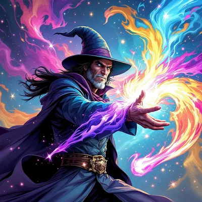 Mystical comic book sorcerer casting spells