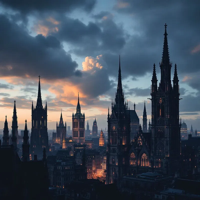 City skyline with gothic-style architecture.