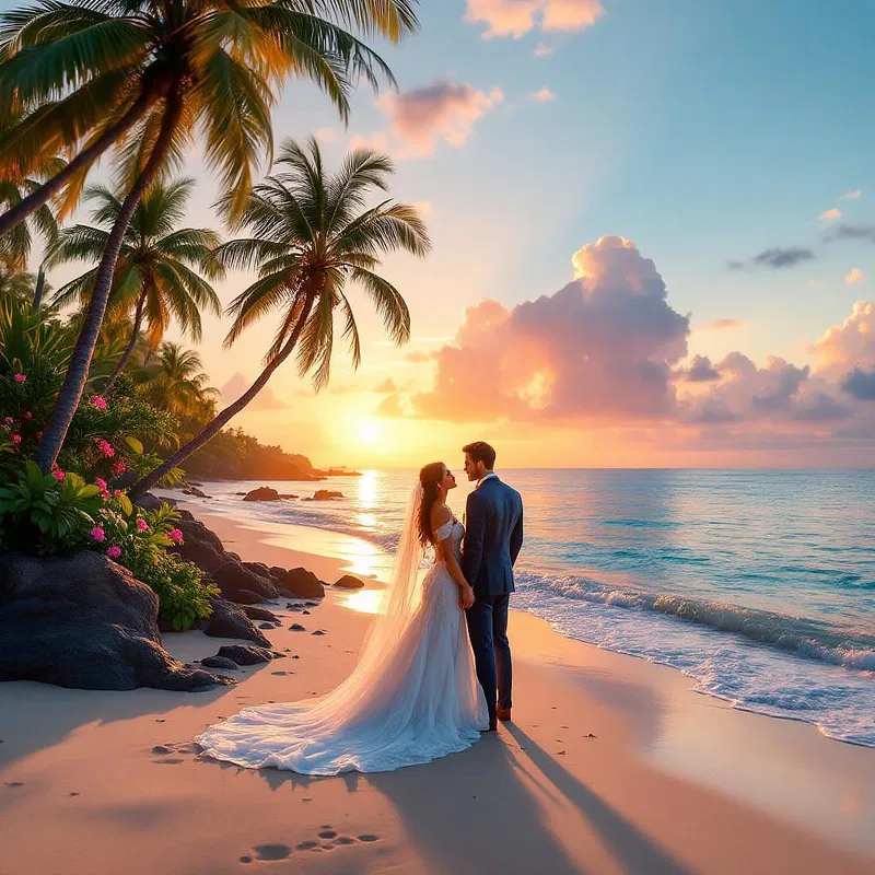 AI-driven tropical island wedding scene