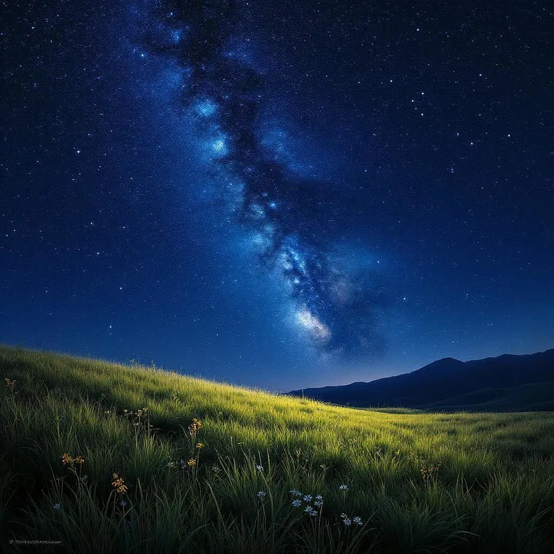 A vast meadow under a starry night sky