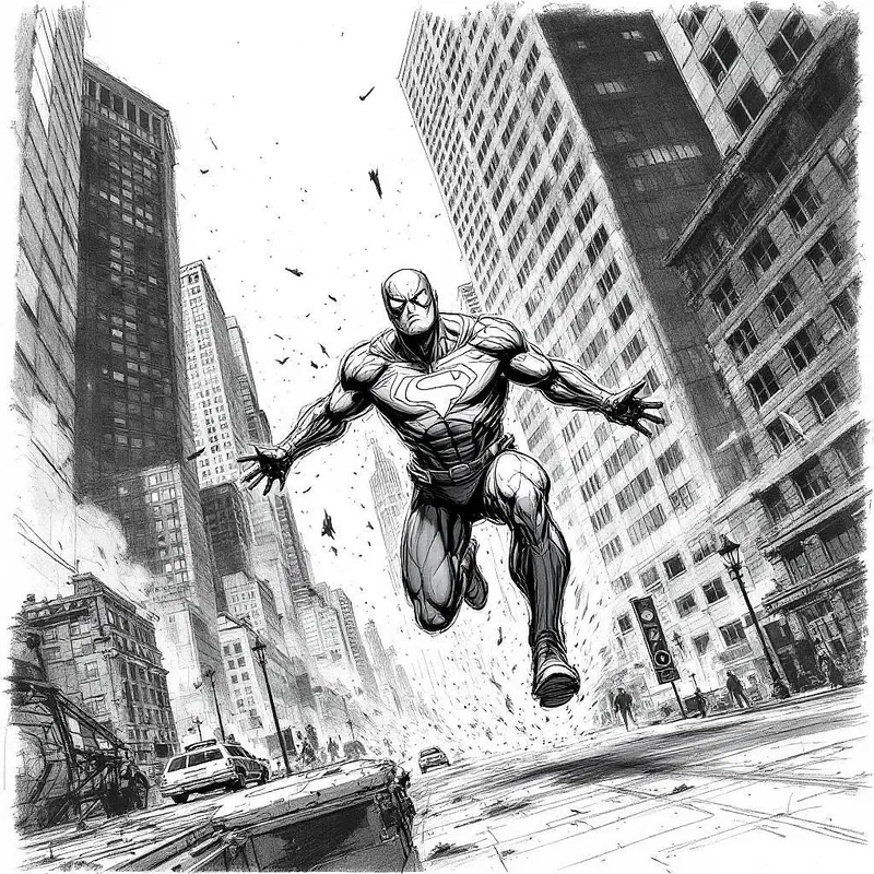 Storyboard sketch of a superhero landing