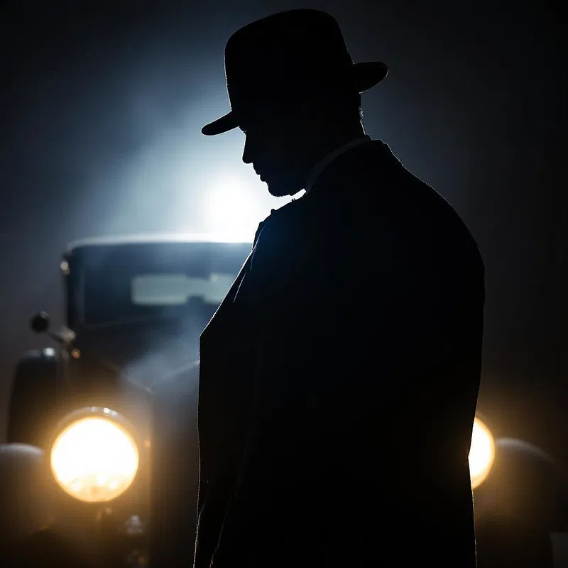 Mobster silhouetted by car headlights