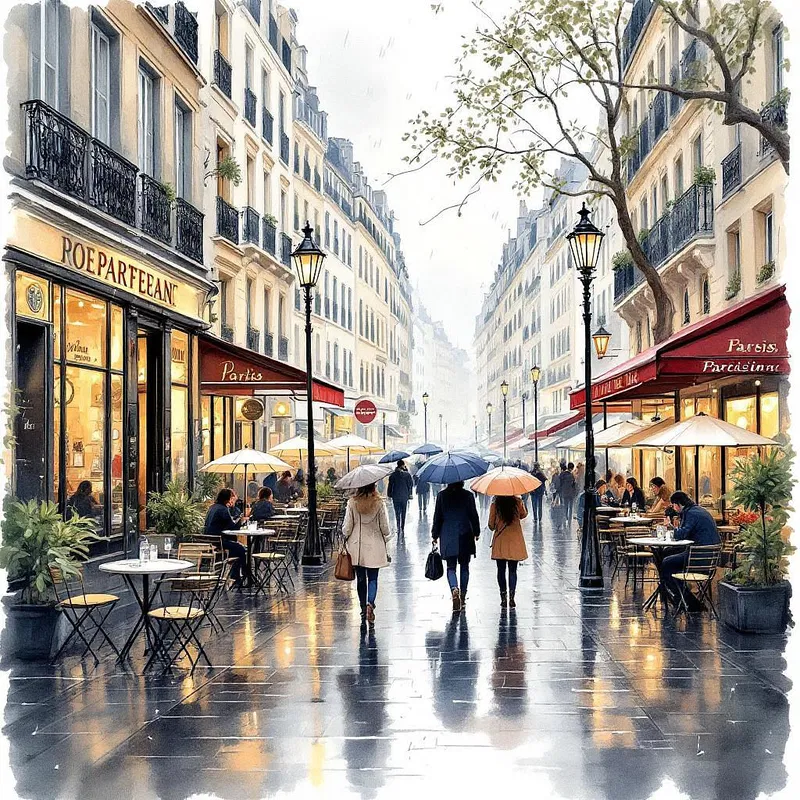 AI watercolor of a Parisian street café scene