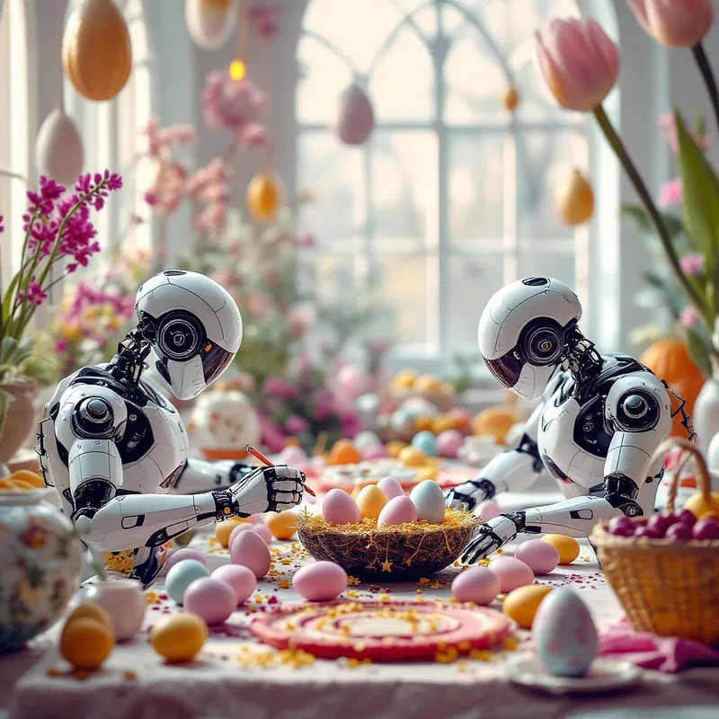 Futuristic Easter celebration with robots