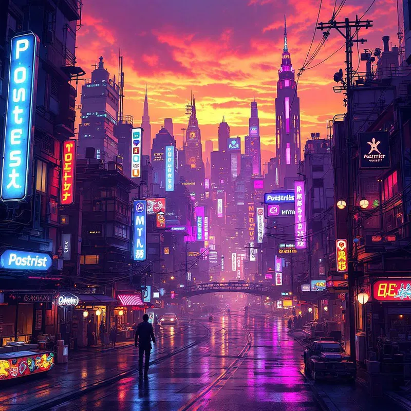 Cyberpunk cityscape with Postcrest logo