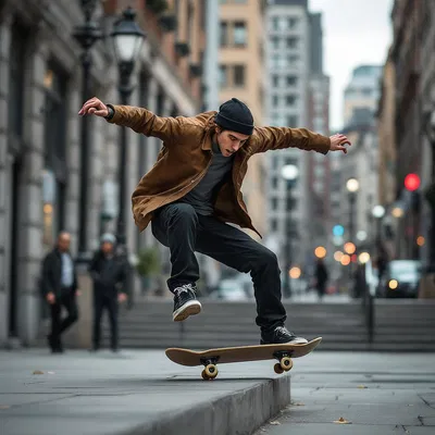 Dynamic street style shot of a skateboarder mid-trick with urban background