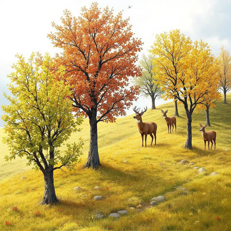 Autumn hillside with grazing deer