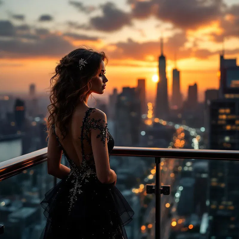 Woman standing on a balcony overlooking a city skyline