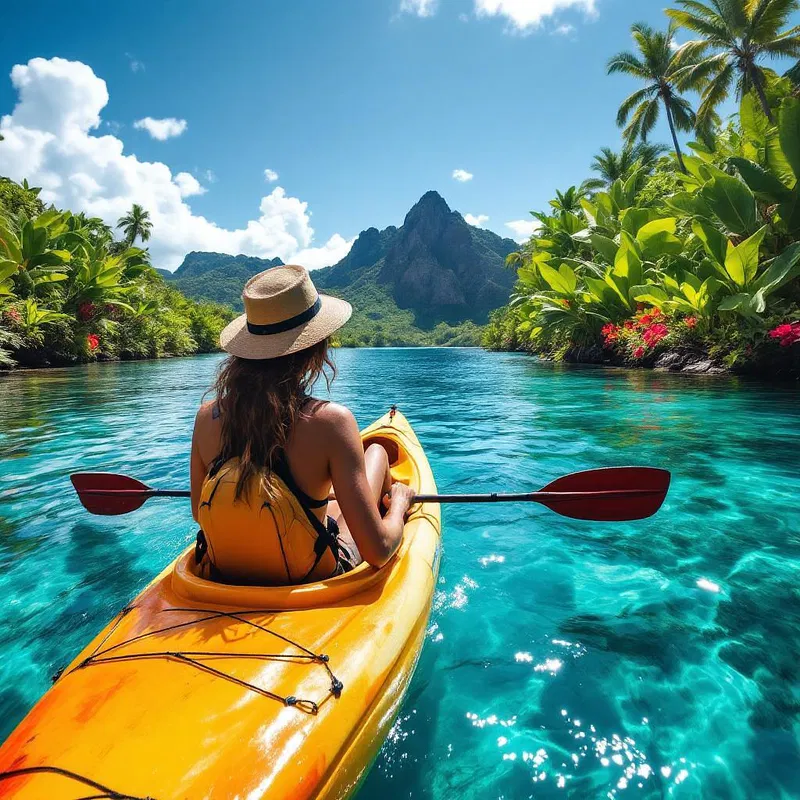 Digital nomad kayaking in a tropical lagoon