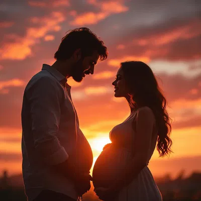 Couple expecting a baby at sunset