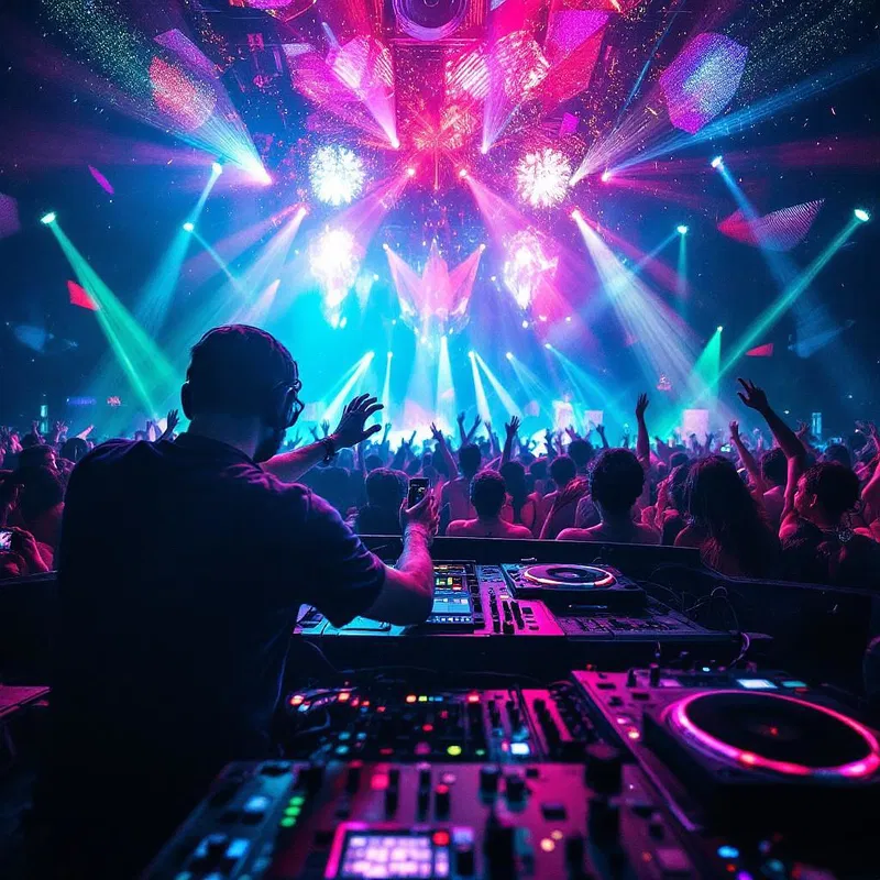 DJ with dancers under colorful lights