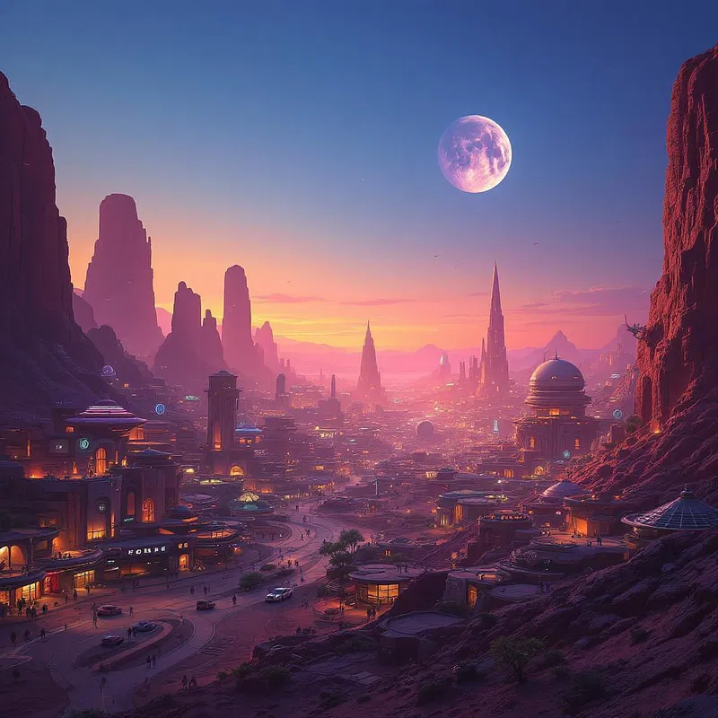 Martian city at dusk with lights