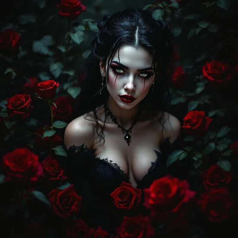 Elegant vampire lady with red roses