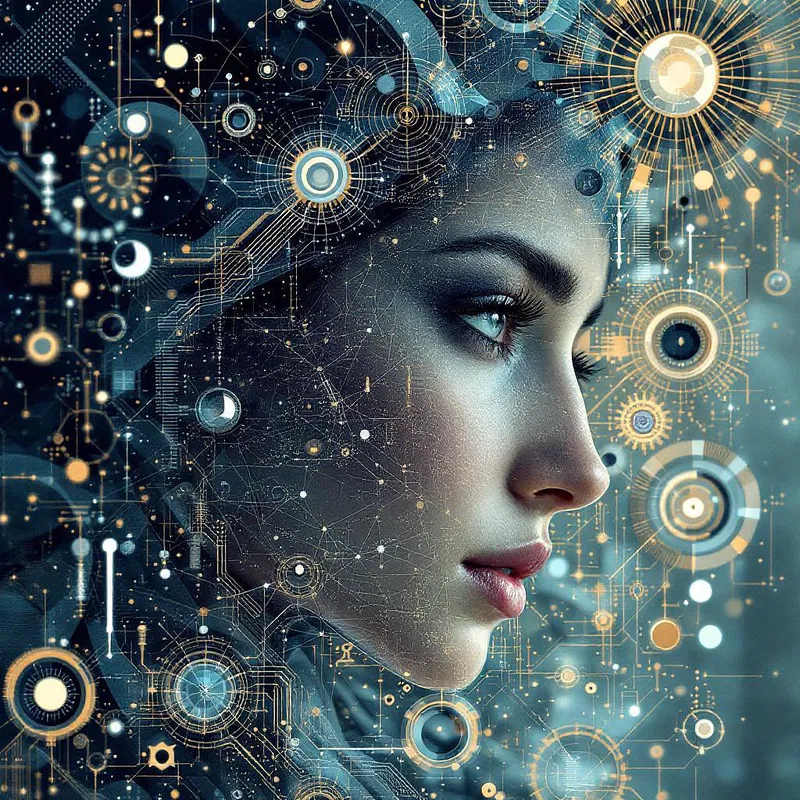 Middle Eastern woman surrounded by AI technology motifs