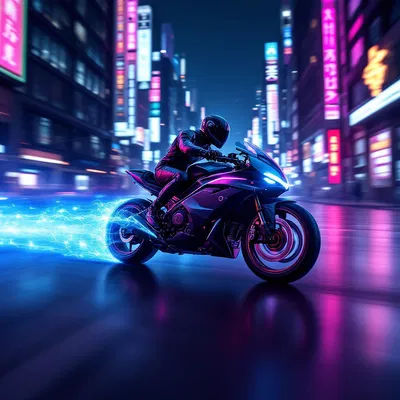 Futuristic motorbike on neon-lit streets