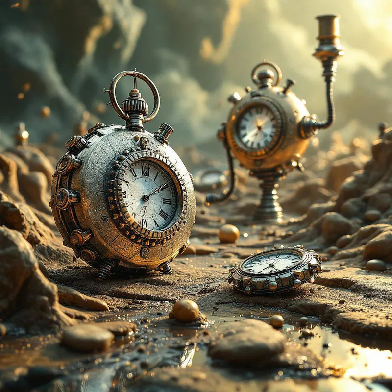 Surreal scene with twisted timepieces