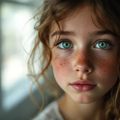 Close-up hyperrealistic portrait of a young girl with freckles.